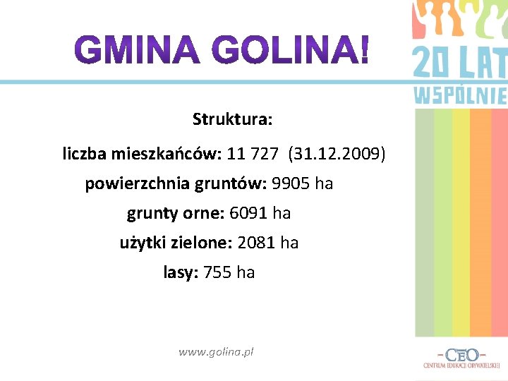 Struktura: liczba mieszkańców: 11 727 (31. 12. 2009) powierzchnia gruntów: 9905 ha grunty orne: