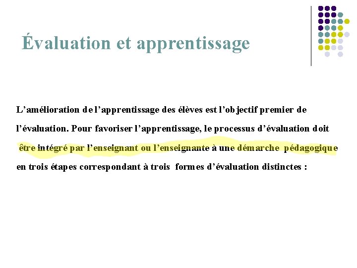 Évaluation et apprentissage L’amélioration de l’apprentissage des élèves est l’objectif premier de l’évaluation. Pour