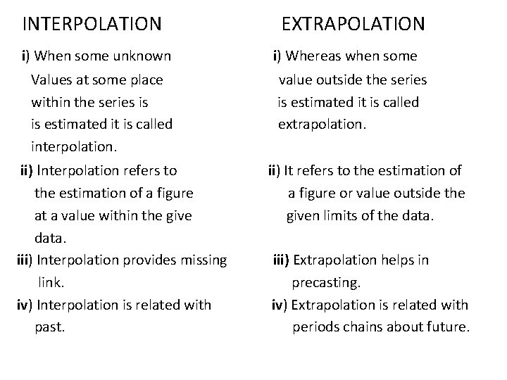 INTERPOLATION i) When some unknown Values at some place within the series is is