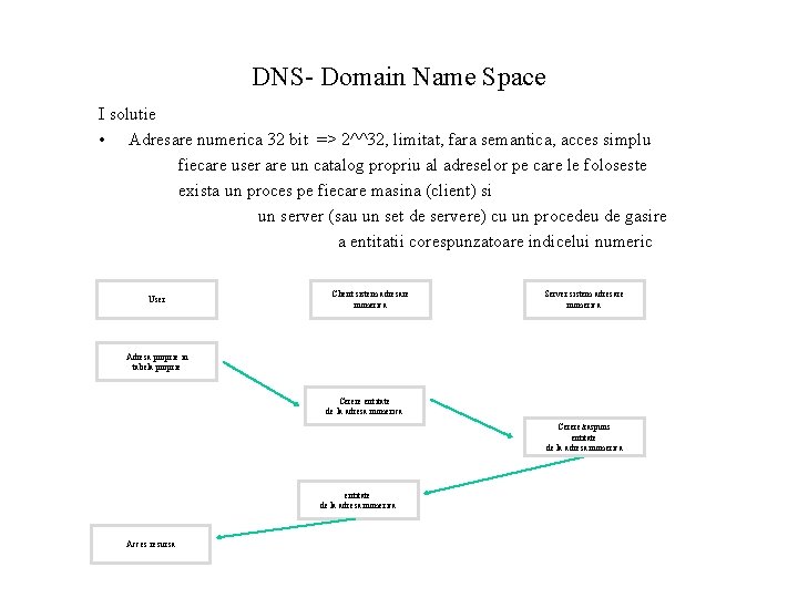 DNS- Domain Name Space I solutie • Adresare numerica 32 bit => 2^^32, limitat,
