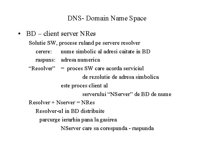 DNS- Domain Name Space • BD – client server NRes Solutie SW, procese ruland
