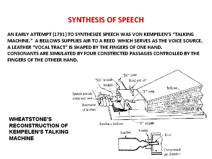 SYNTHESIS OF SPEECH AN EARLY ATTEMPT (1791) TO SYNTHESIZE SPEECH WAS VON KEMPELEN’S “TALKING