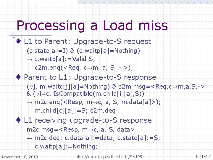 Processing a Load miss L 1 to Parent: Upgrade-to-S request (c. state[a]=I) & (c.