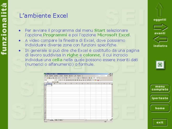 L’ambiente Excel • • • Per avviare il programma dal menu Start selezionare l’opzione