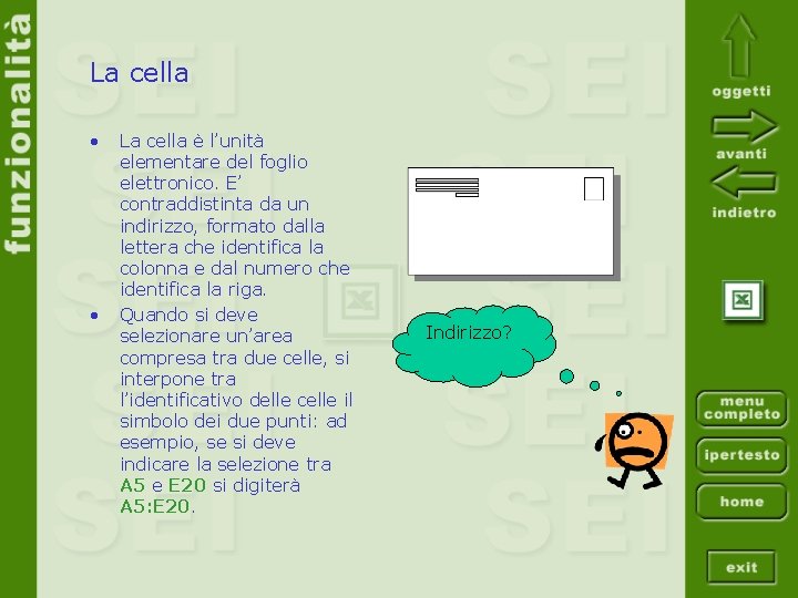 La cella • • La cella è l’unità elementare del foglio elettronico. E’ contraddistinta