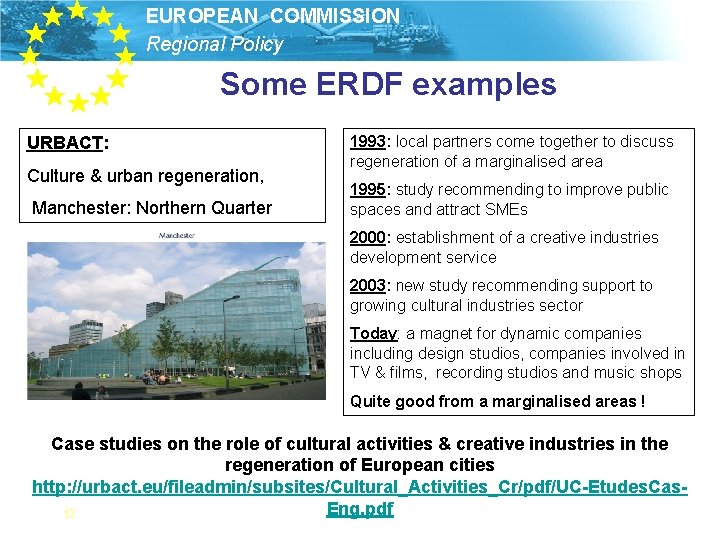 EUROPEAN COMMISSION Regional Policy Some ERDF examples URBACT: Culture & urban regeneration, Manchester: Northern
