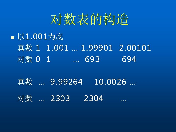 对数表的构造 n 以 1. 001为底 真数 1 1. 001 … 1. 99901 2. 00101