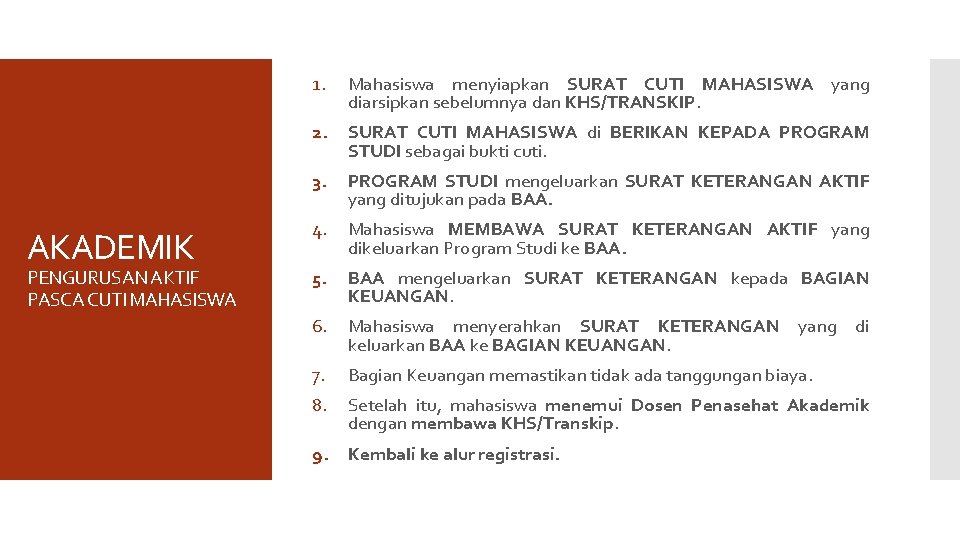 AKADEMIK PENGURUSAN AKTIF PASCA CUTI MAHASISWA 1. Mahasiswa menyiapkan SURAT CUTI MAHASISWA yang diarsipkan