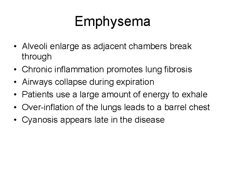 Emphysema • Alveoli enlarge as adjacent chambers break through • Chronic inflammation promotes lung