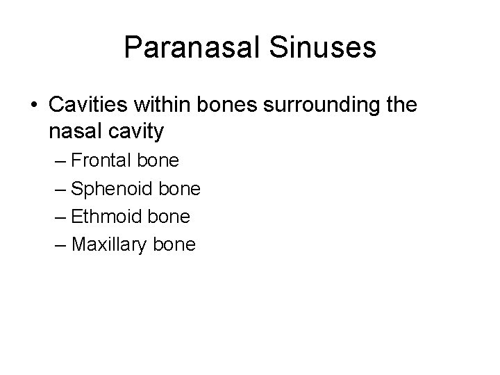 Paranasal Sinuses • Cavities within bones surrounding the nasal cavity – Frontal bone –