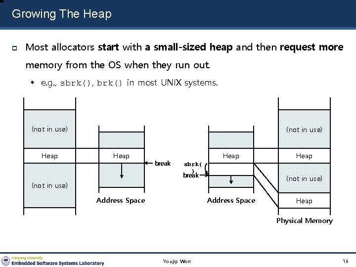 Growing The Heap Most allocators start with a small-sized heap and then request more Growing The Heap Most allocators start with a small-sized heap and then request more