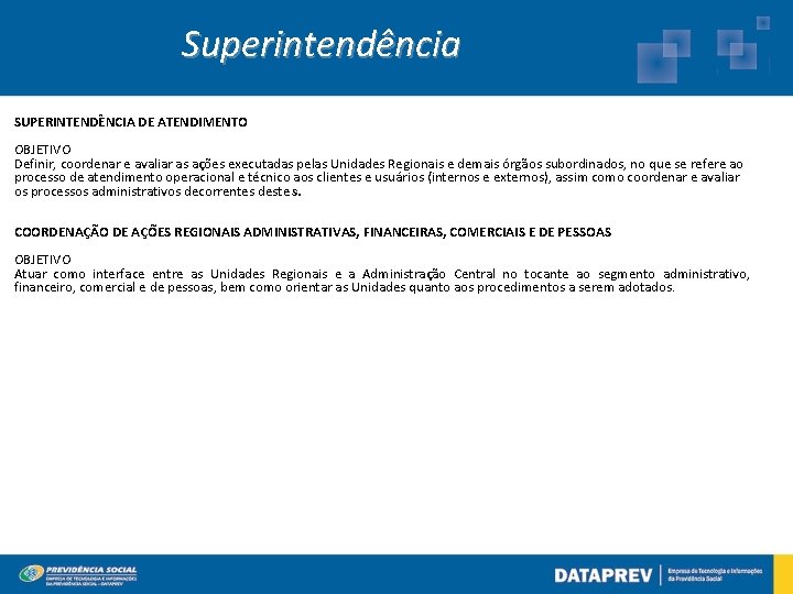 Superintendência SUPERINTENDÊNCIA DE ATENDIMENTO OBJETIVO Definir, coordenar e avaliar as ações executadas pelas Unidades