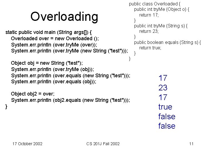 public class Overloaded { public int try. Me (Object o) { return 17; }