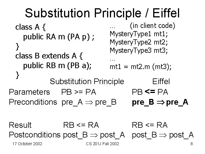 Substitution Principle / Eiffel … (in client code) class A { Mystery. Type 1
