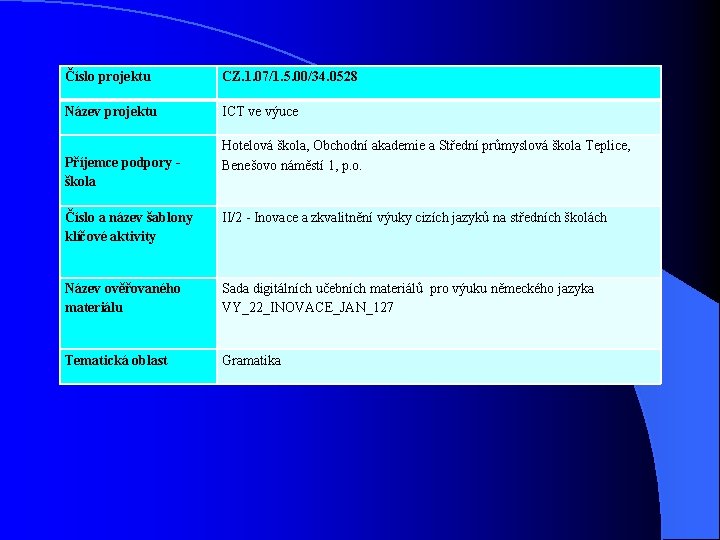 Číslo projektu CZ. 1. 07/1. 5. 00/34. 0528 Název projektu ICT ve výuce Příjemce