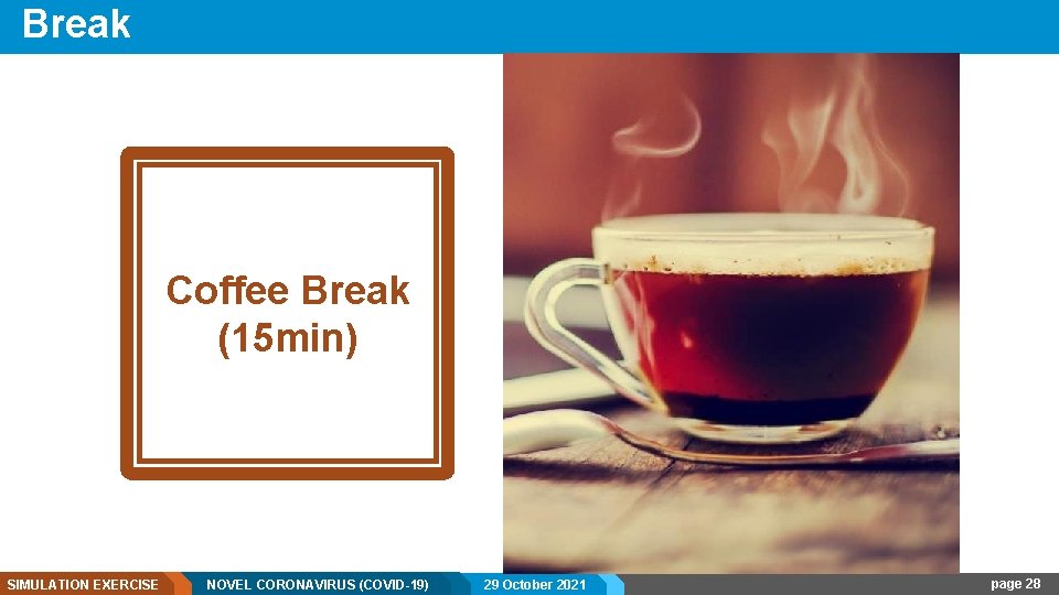 Break Coffee Break (15 min) SIMULATION EXERCISE NOVEL CORONAVIRUS (COVID-19) - Internal use 29