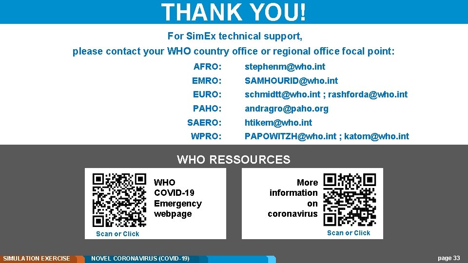 THANK YOU! For Sim. Ex technical support, please contact your WHO country office or