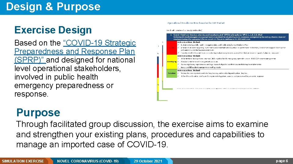 Design & Purpose Exercise Design Based on the “COVID-19 Strategic Preparedness and Response Plan