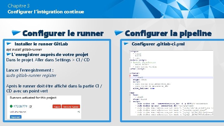 Chapitre 3 Configurer l’intégration continue Configurer le runner Installer le runner Git. Lab apt