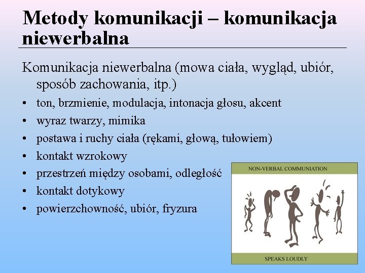 Metody komunikacji – komunikacja niewerbalna Komunikacja niewerbalna (mowa ciała, wygląd, ubiór, sposób zachowania, itp.