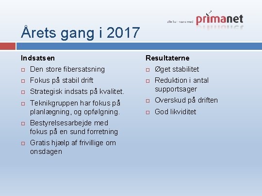 Årets gang i 2017 Indsatsen Resultaterne Den store fibersatsning Fokus på stabil drift Strategisk