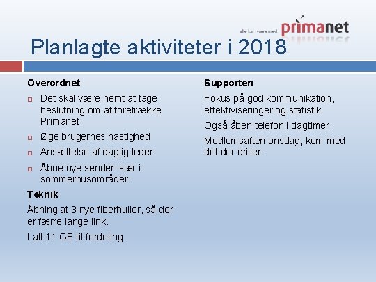 Planlagte aktiviteter i 2018 Overordnet Supporten Det skal være nemt at tage beslutning om Planlagte aktiviteter i 2018 Overordnet Supporten Det skal være nemt at tage beslutning om