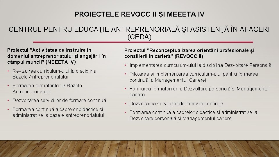 PROIECTELE REVOCC II ȘI MEEETA IV CENTRUL PENTRU EDUCAŢIE ANTREPRENORIALĂ ŞI ASISTENŢĂ ÎN AFACERI