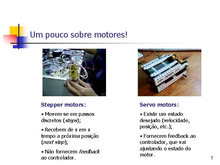Um pouco sobre motores! Stepper motors: Servo motors: • Movem-se em passos discretos (steps);