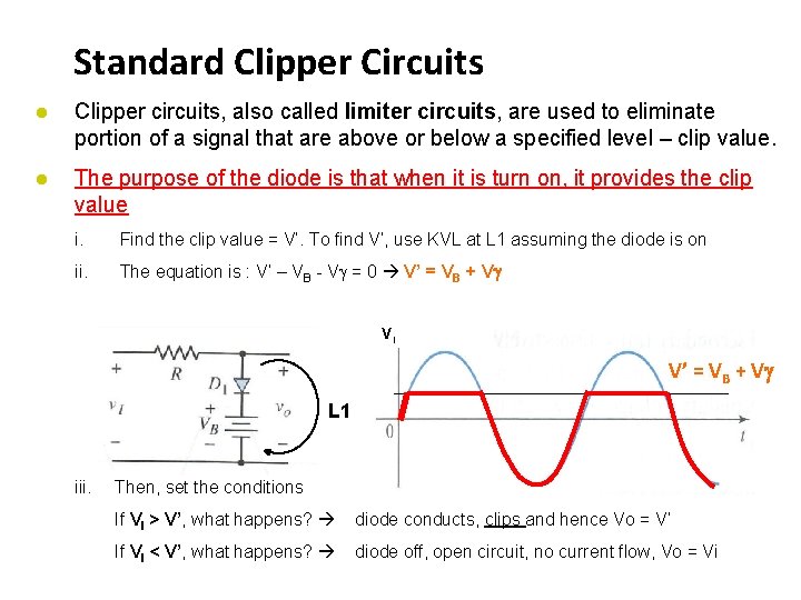 Standard Clipper Circuits ● Clipper circuits, also called limiter circuits, are used to eliminate