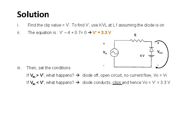 Solution i. Find the clip value = V’. To find V’, use KVL at