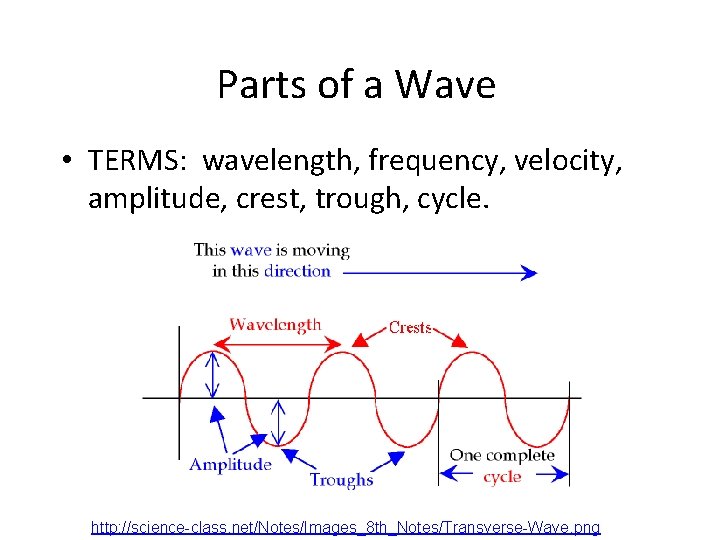 Parts of a Wave • TERMS: wavelength, frequency, velocity, amplitude, crest, trough, cycle. http: Parts of a Wave • TERMS: wavelength, frequency, velocity, amplitude, crest, trough, cycle. http: