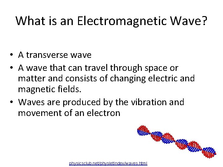 What is an Electromagnetic Wave? • A transverse wave • A wave that can What is an Electromagnetic Wave? • A transverse wave • A wave that can