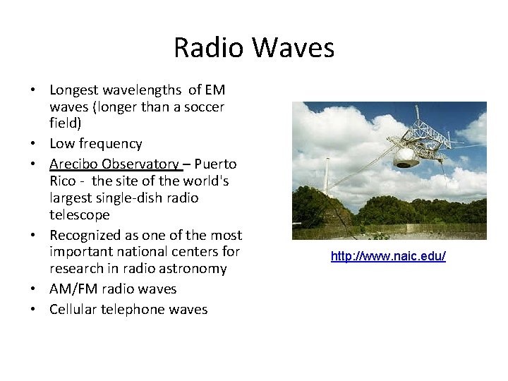 Radio Waves • Longest wavelengths of EM waves (longer than a soccer field) • Radio Waves • Longest wavelengths of EM waves (longer than a soccer field) •