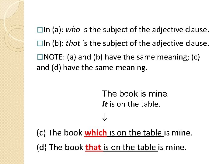 �In (a): who is the subject of the adjective clause. �In (b): that is