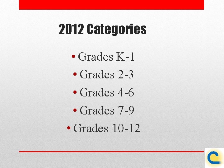 2012 Categories • Grades K-1 • Grades 2 -3 • Grades 4 -6 •