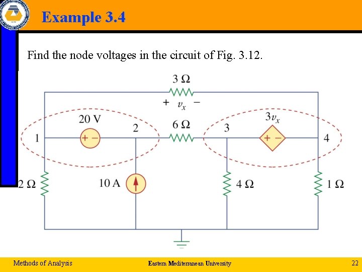 Example 3. 4 Find the node voltages in the circuit of Fig. 3. 12.