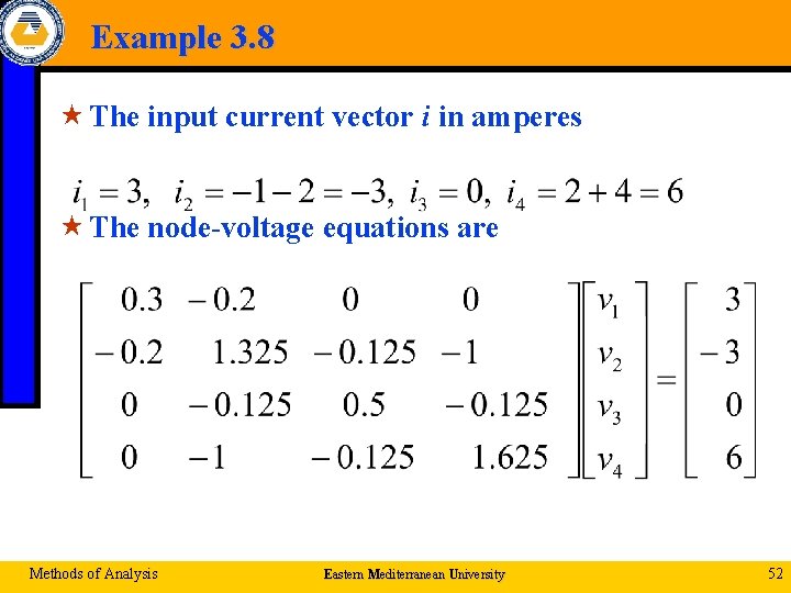Example 3. 8 « The input current vector i in amperes « The node-voltage