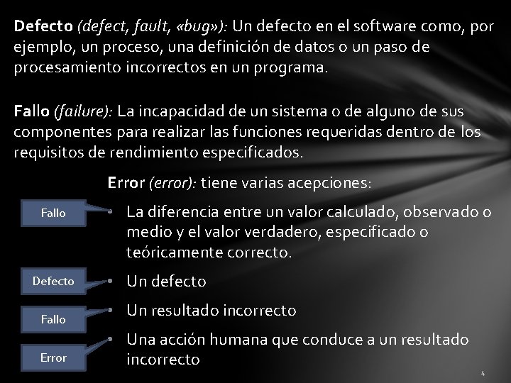 Defecto (defect, fault, «bug» ): Un defecto en el software como, por ejemplo, un