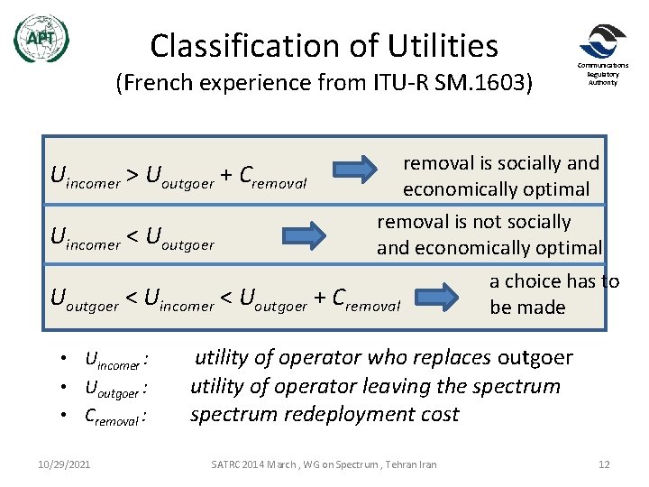 Classification of Utilities (French experience from ITU-R SM. 1603) removal is socially and economically