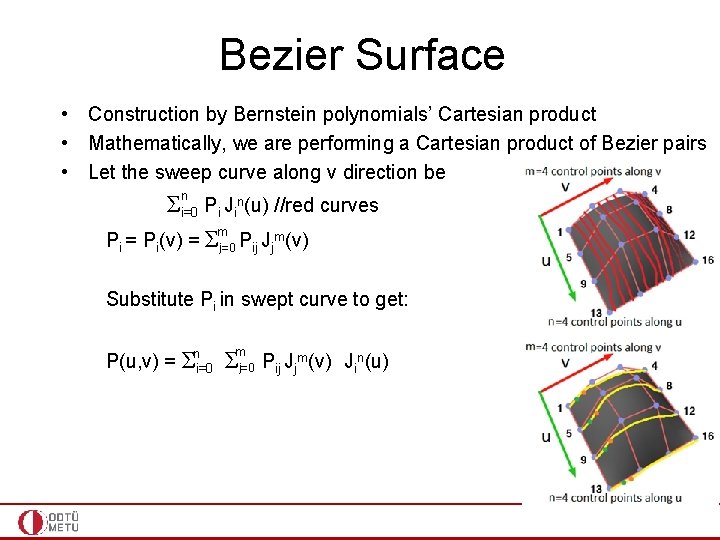 Bezier Surface • Construction by Bernstein polynomials’ Cartesian product • Mathematically, we are performing