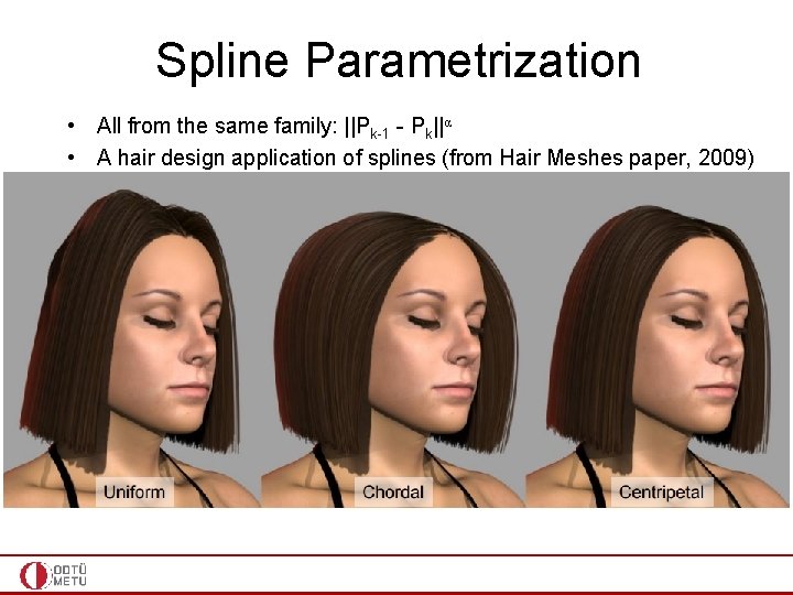 Spline Parametrization • All from the same family: ||Pk-1 - Pk||α • A hair