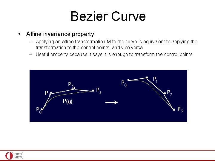 Bezier Curve • Affine invariance property – Applying an affine transformation M to the