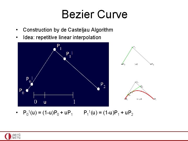 Bezier Curve • Construction by de Casteljau Algorithm • Idea: repetitive linear interpolation •