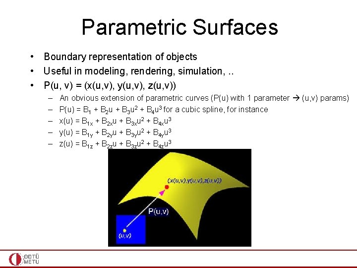 Parametric Surfaces • Boundary representation of objects • Useful in modeling, rendering, simulation, .