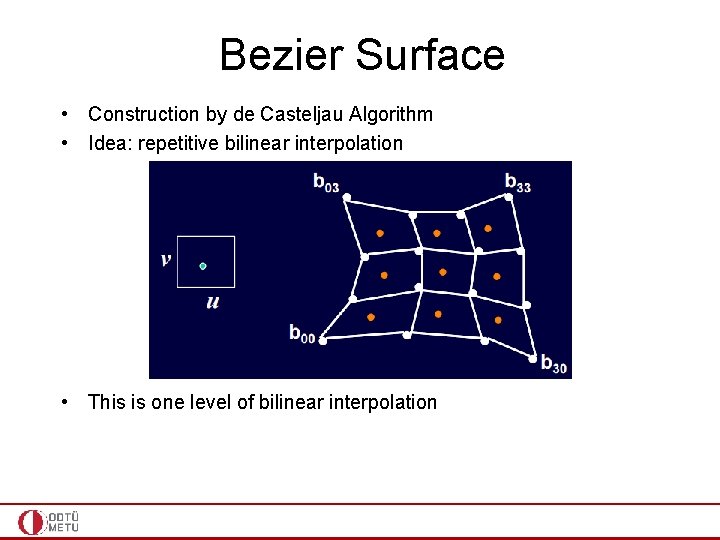 Bezier Surface • Construction by de Casteljau Algorithm • Idea: repetitive bilinear interpolation •