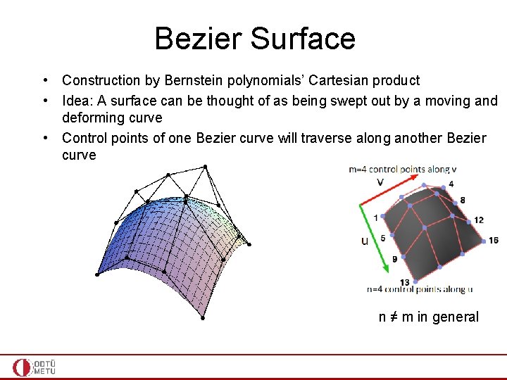 Bezier Surface • Construction by Bernstein polynomials’ Cartesian product • Idea: A surface can