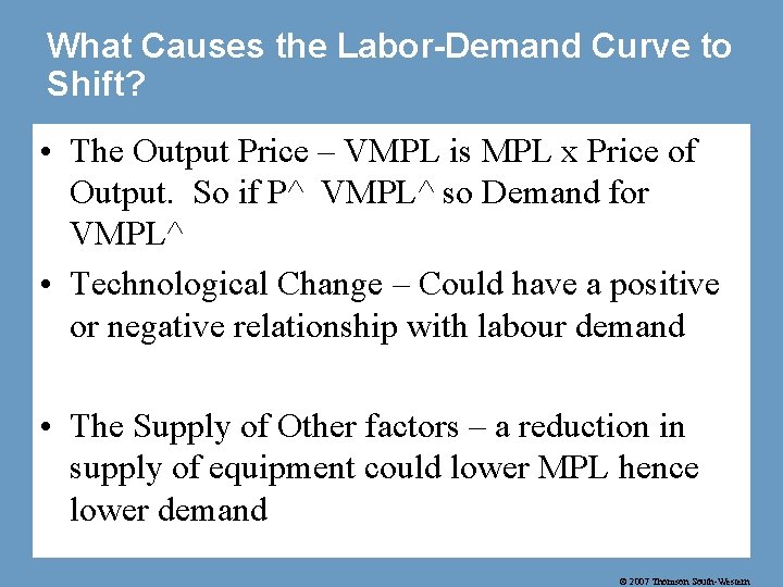 What Causes the Labor-Demand Curve to Shift? • The Output Price – VMPL is