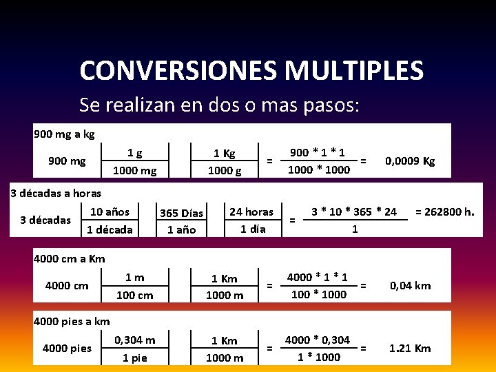 CONVERSIONES MULTIPLES Se realizan en dos o mas pasos: 900 mg a kg 900