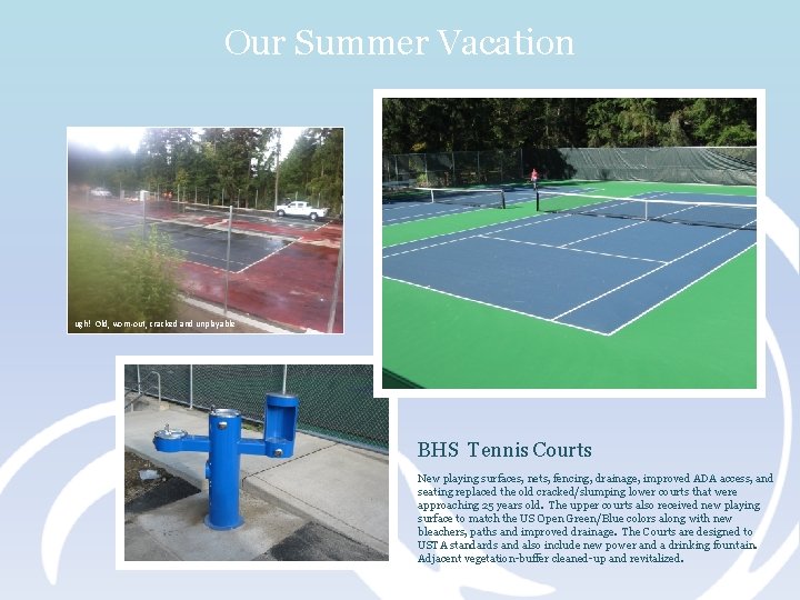 Our Summer Vacation ugh! Old, worn-out, cracked and unplayable BHS Tennis Courts New playing