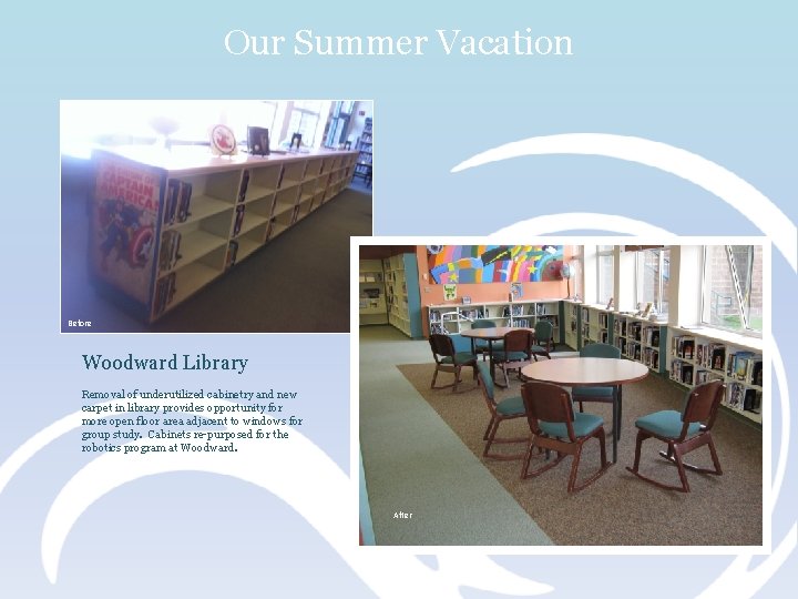 Our Summer Vacation Before Woodward Library Removal of underutilized cabinetry and new carpet in